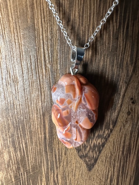 Jewelry - Dark Pink/Salmon Pink “Cotton Candy” Agate Pendant on Silver Plated Chain
